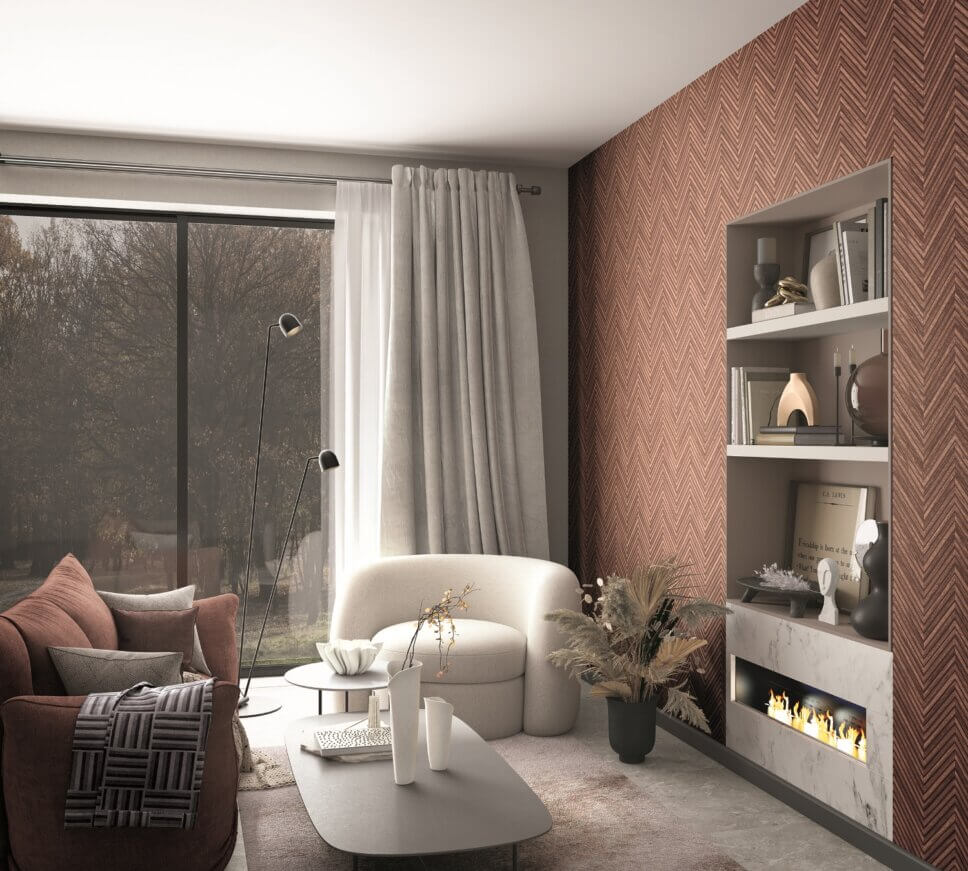 Braunes Sofa im modern eingerichteten Wohnzimmer mit Tapete in Holzoptik