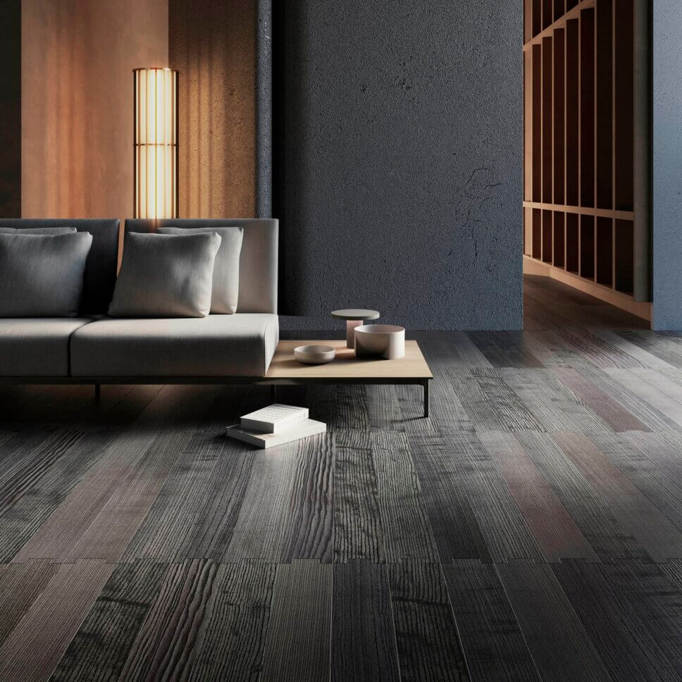 Modern eingerichtetes Wohnzimmer mit schwarzem Eichenparkett