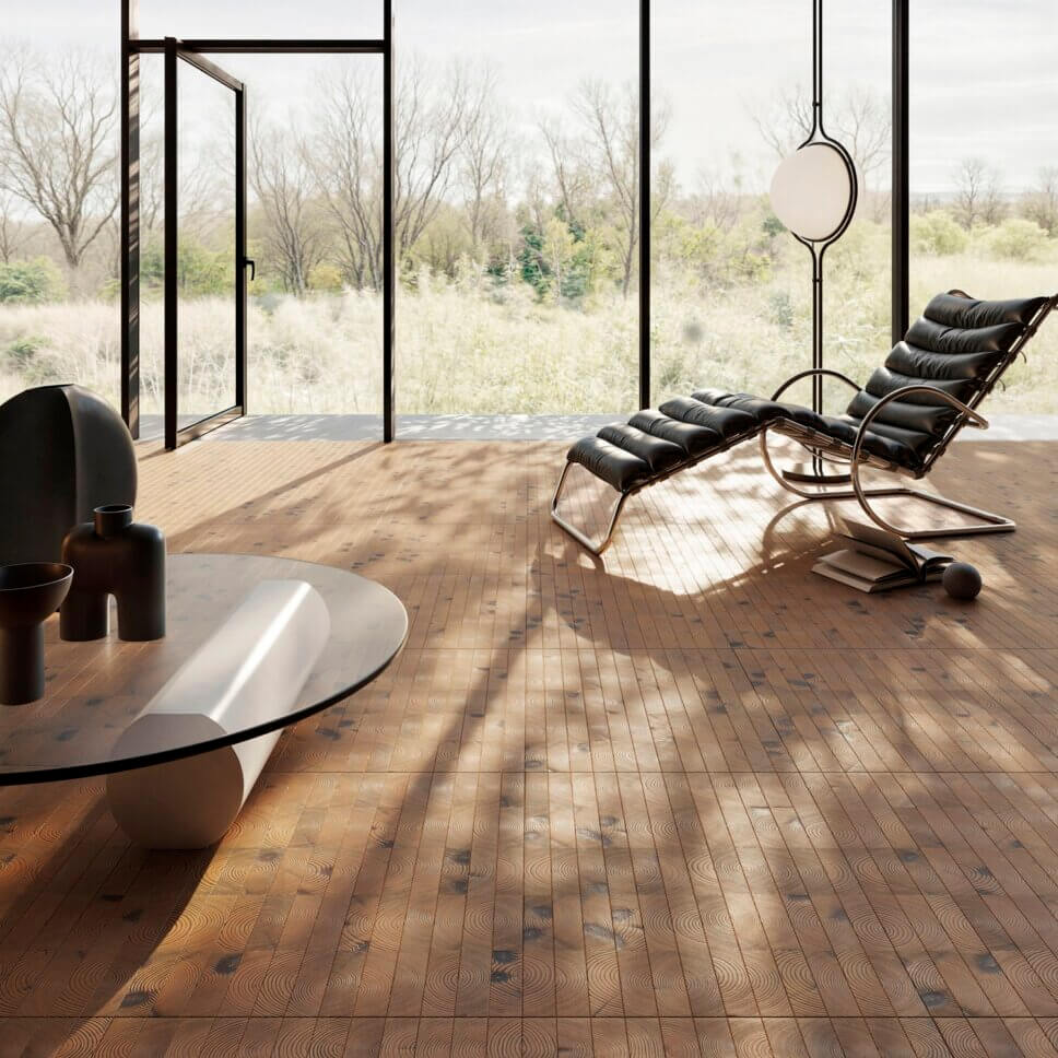 Modern eingerichtetes Wohnzimmer mit Hirnholzparkett