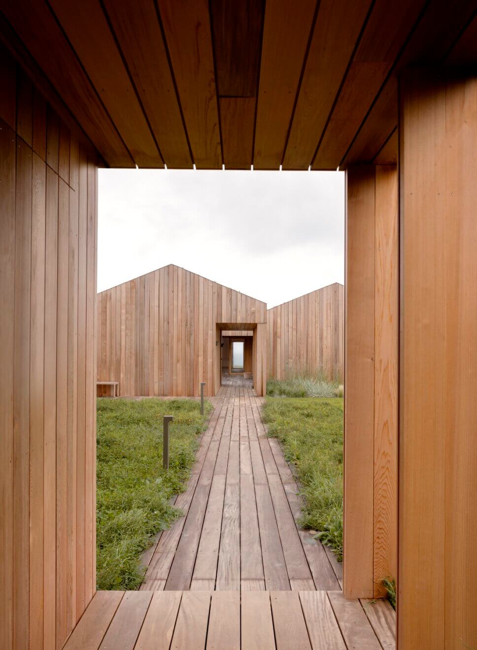 Blickachse im Atrium in einem mit Holz verkleideten Architektenhaus