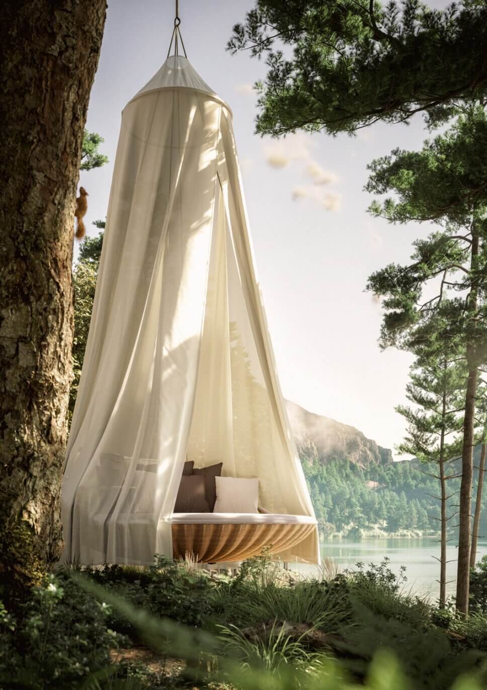 Moderne Gartenlounge hängt im Wald an einem See